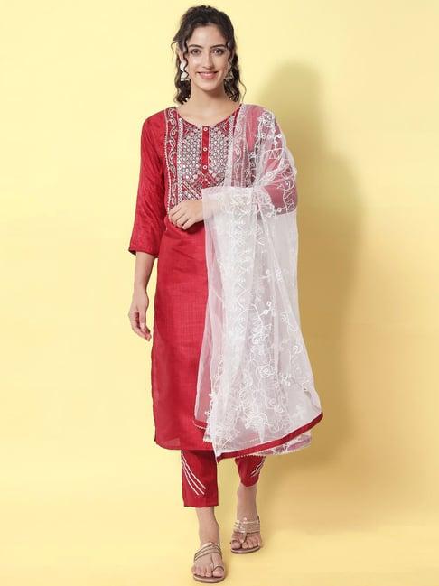 vredevogel cherry red embroidered kurta pant set with dupatta