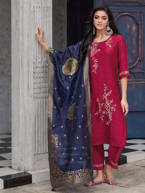 vredevogel cherry red embroidered kurta pant set with dupatta