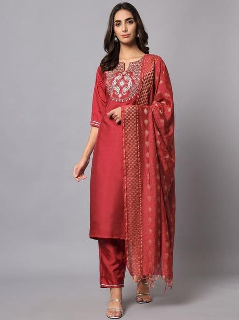 vredevogel cherry red printed kurta pant set with dupatta