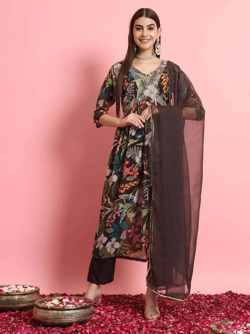 vredevogel coffee brown floral print kurta pant set with dupatta