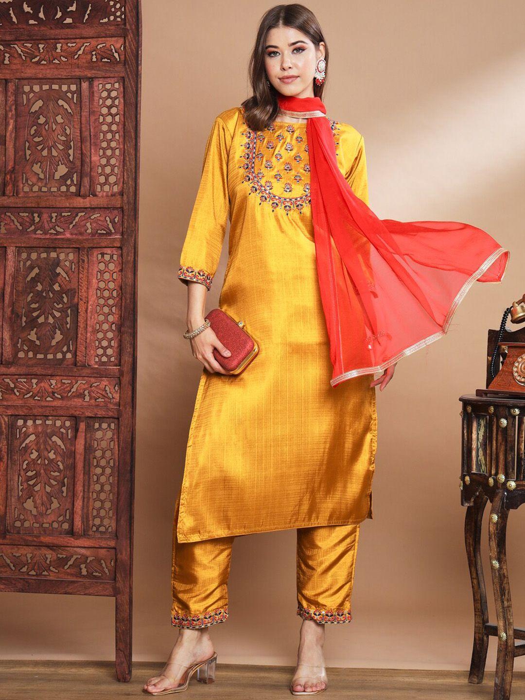 vredevogel ethnic motifs embroidered yoke design zari straight kurta trousers & dupatta