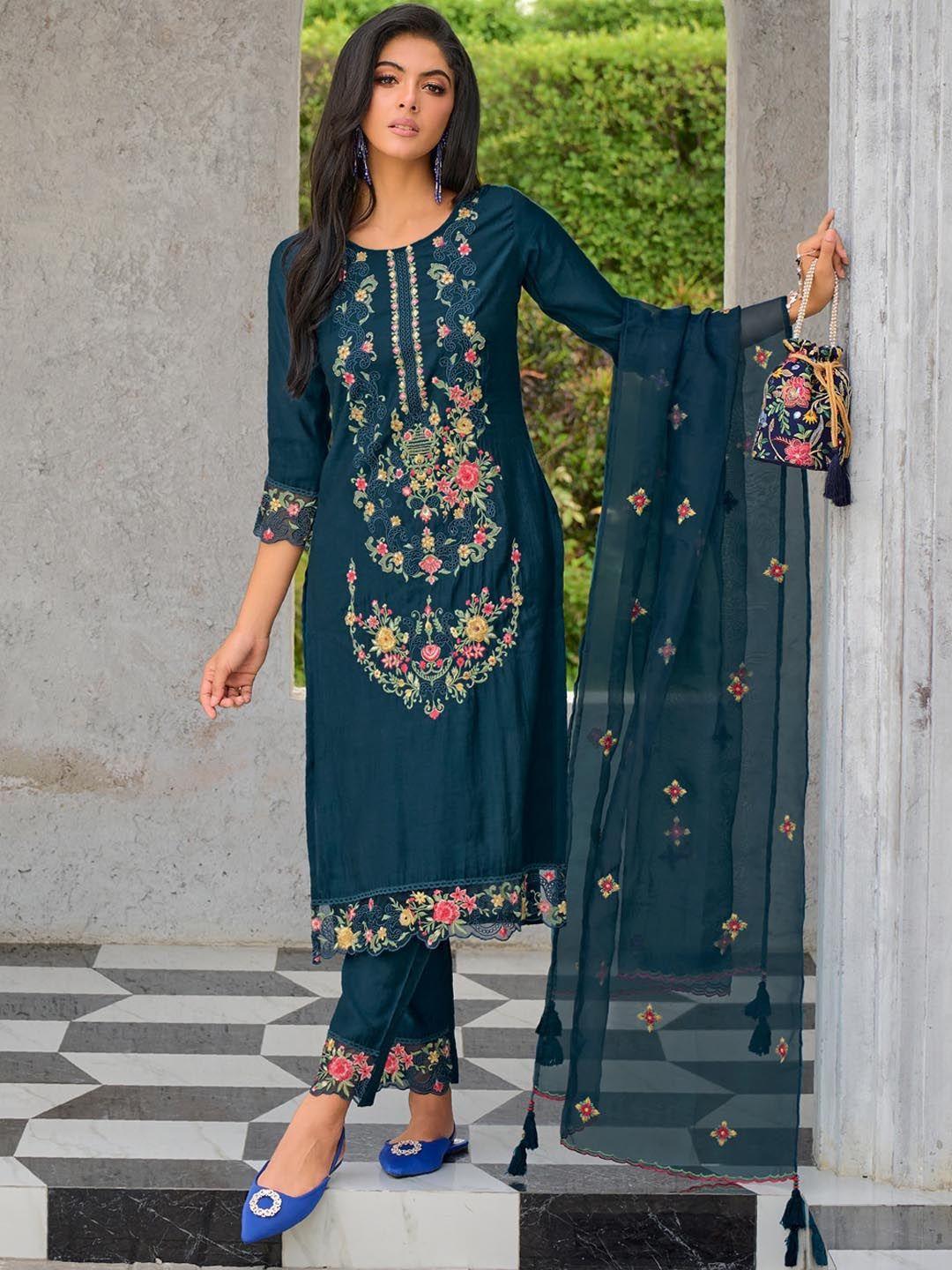 vredevogel floral embroidered kurta with trousers & dupatta