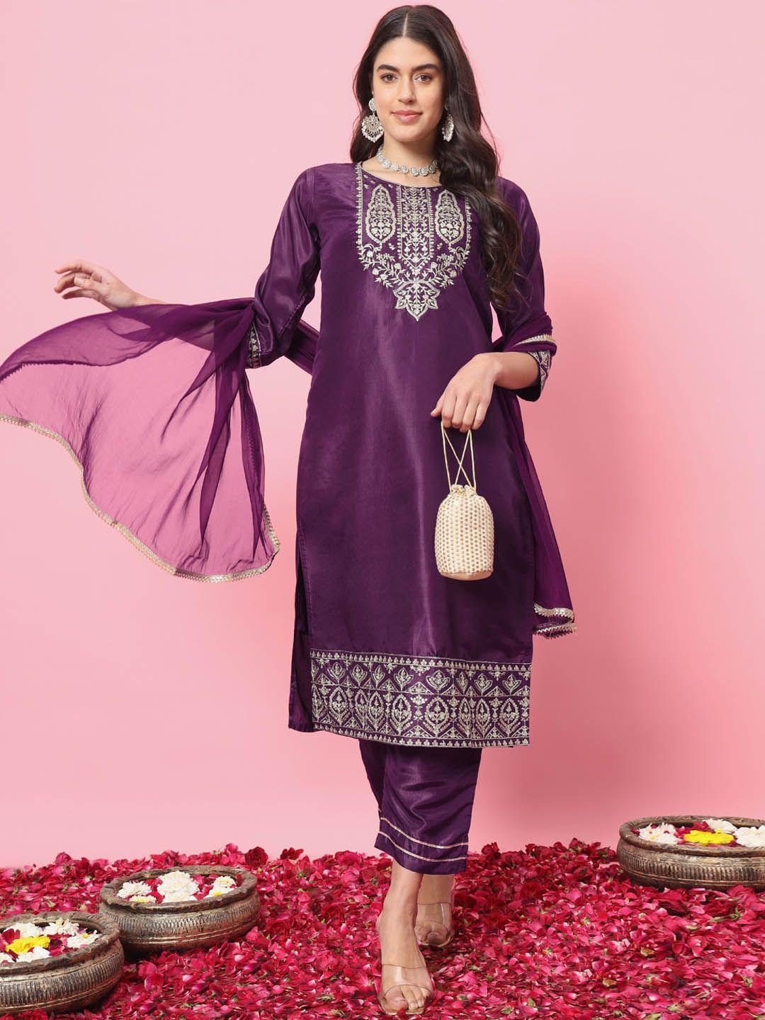 vredevogel floral embroidered straight kurta with trousers & with dupatta
