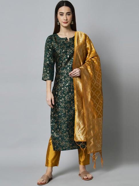 vredevogel green & yellow printed kurta pant set with dupatta