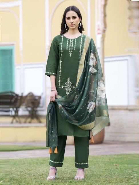 vredevogel green embroidered kurta & pant set with dupatta