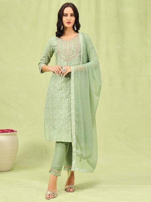 vredevogel green embroidered kurta & pant set with dupatta