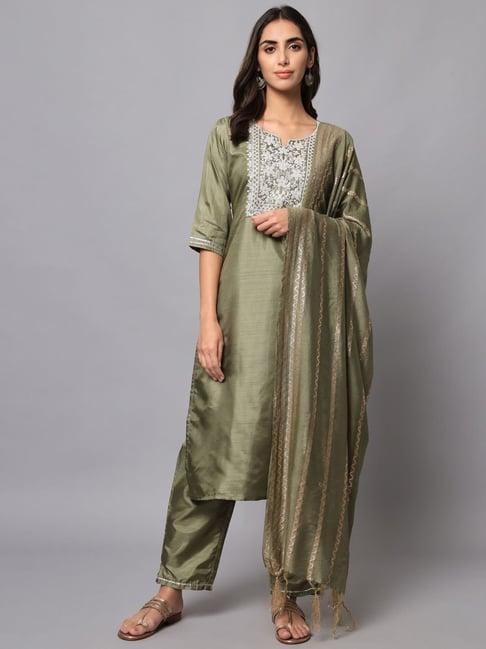 vredevogel green embroidered kurta pant set with dupatta