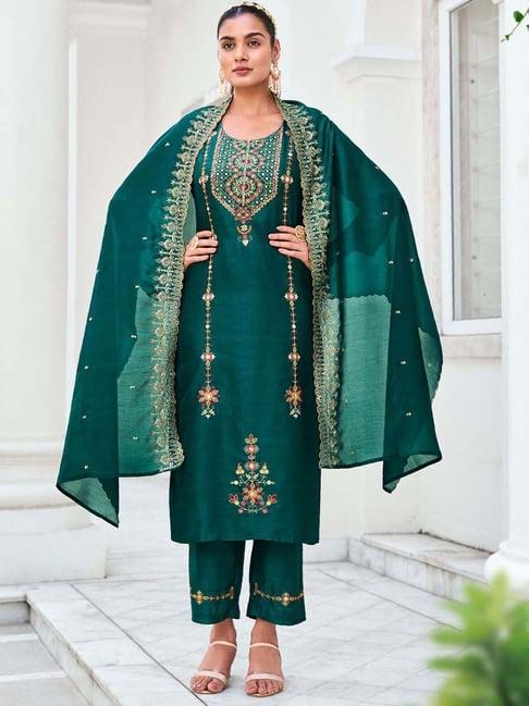 vredevogel green embroidered kurta pant set with dupatta