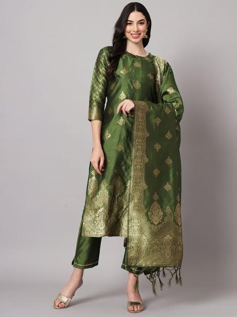 vredevogel green woven pattern kurta pant set with dupatta