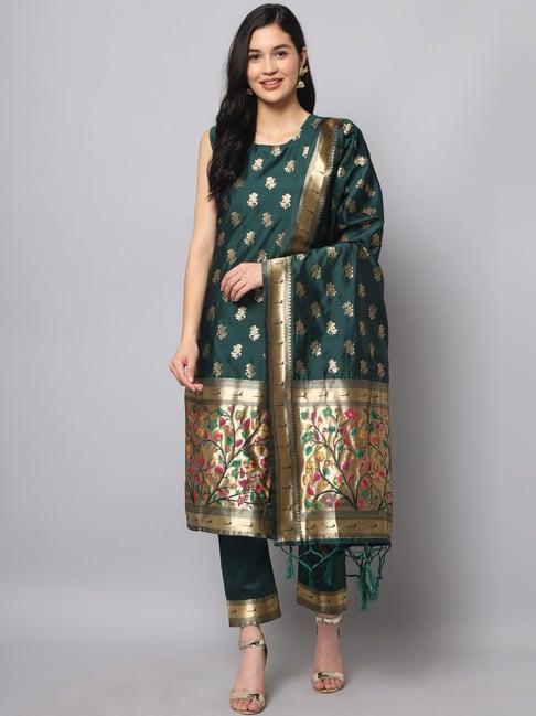 vredevogel green woven pattern kurta pant set with dupatta