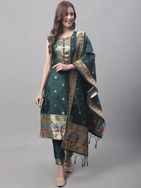 vredevogel green woven pattern kurta pant set with dupatta