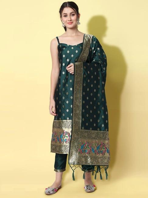 vredevogel green woven pattern kurta pant set with dupatta