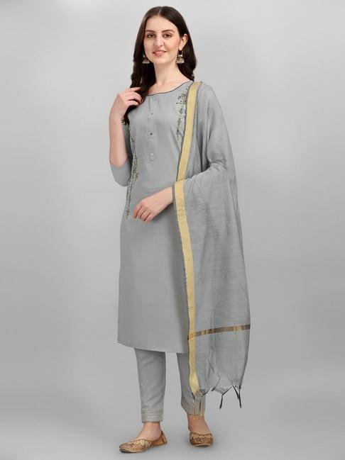 vredevogel grey cotton embroidered kurta pant set with dupatta