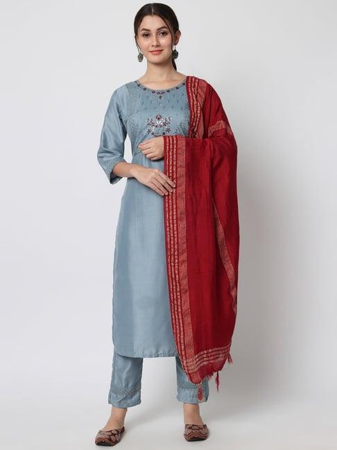 vredevogel grey embroidered kurta pant set with dupatta