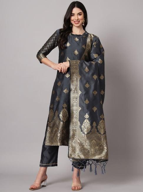 vredevogel grey woven pattern kurta pant set with dupatta