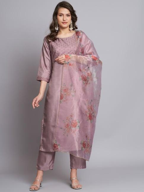 vredevogel lavendar embroidered kurta pant set with dupatta