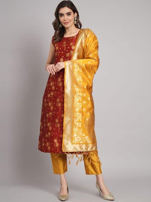 vredevogel maroon & yellow woven pattern kurta pant set with dupatta