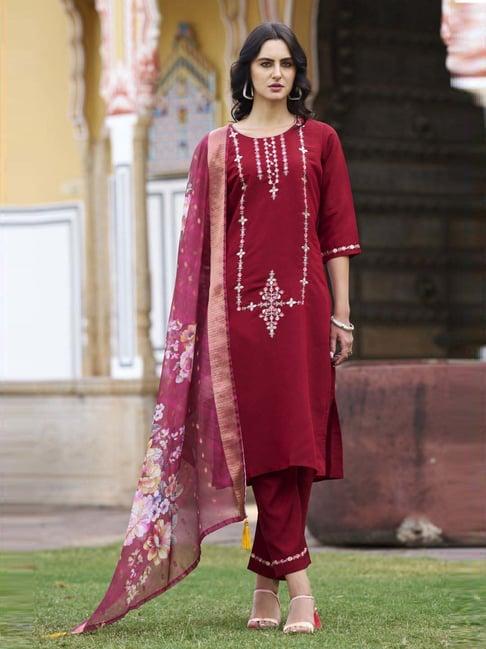 vredevogel maroon embroidered kurta & pant set with dupatta