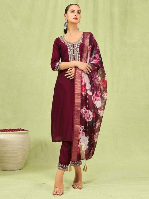 vredevogel maroon embroidered kurta & pant set with dupatta