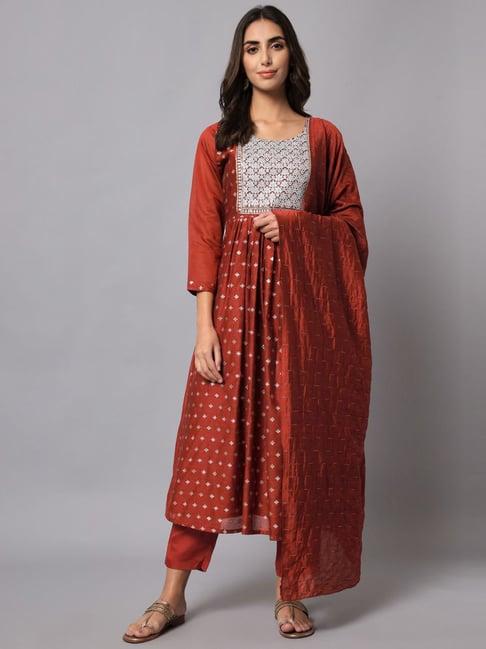 vredevogel maroon embroidered kurta pant set with dupatta