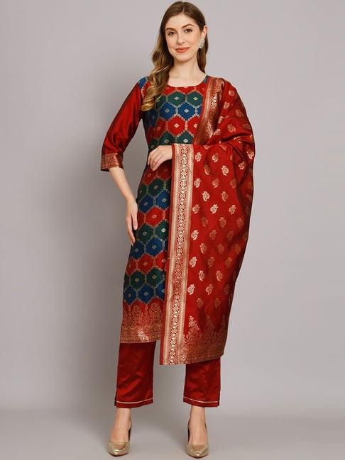 vredevogel maroon woven pattern kurta pant set with dupatta