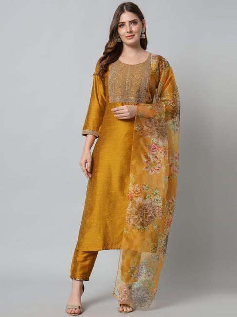 vredevogel mustard embroidered kurta pant set with dupatta