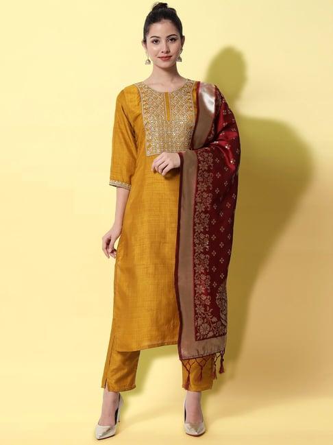 vredevogel mustard embroidered kurta pant set with dupatta