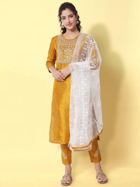 vredevogel mustard embroidered kurta pant set with dupatta