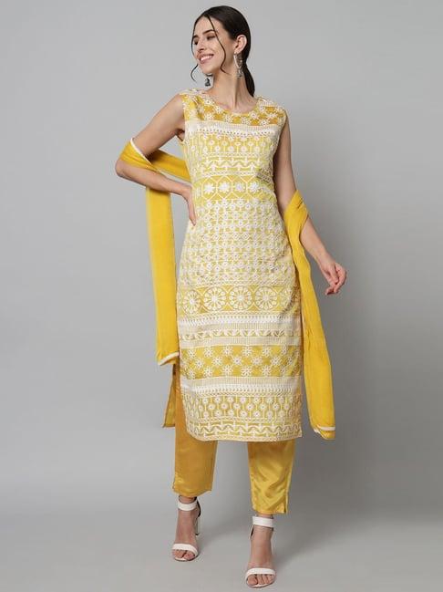 vredevogel mustard embroidered kurta pant set with dupatta