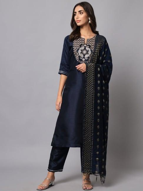 vredevogel navy embroidered kurta pant set with dupatta