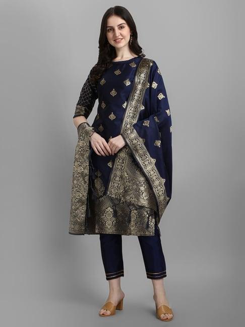 vredevogel navy woven pattern kurta pant set with dupatta