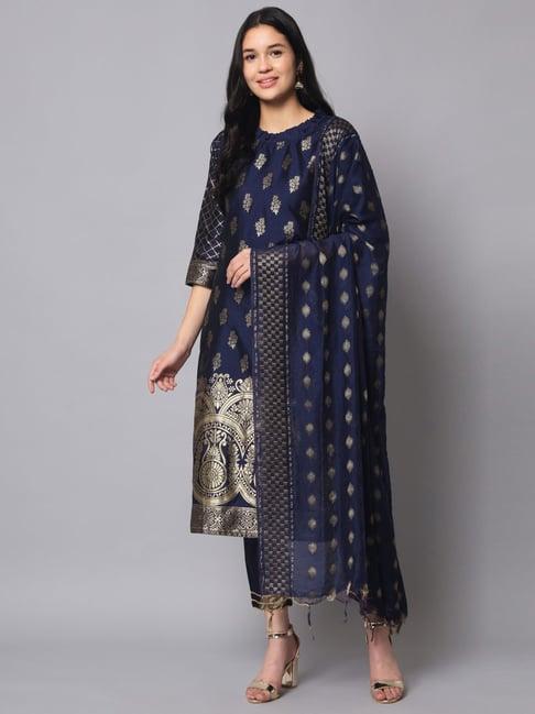 vredevogel navy woven pattern kurta pant set with dupatta