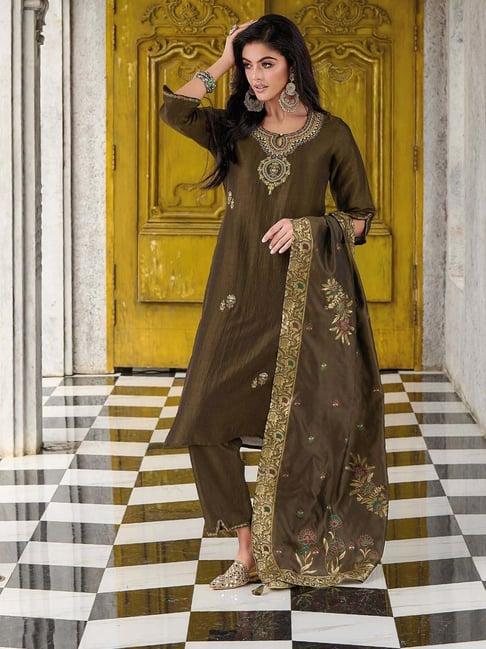 vredevogel olive green embroidered kurta pant set with dupatta