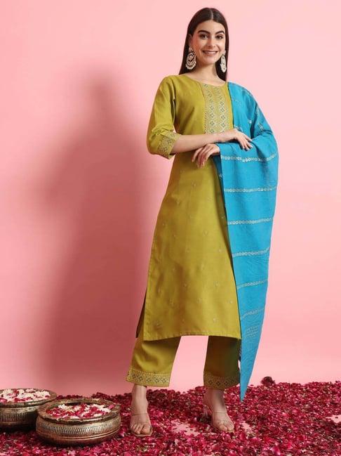 vredevogel parrot green embroidered kurta pant set with dupatta