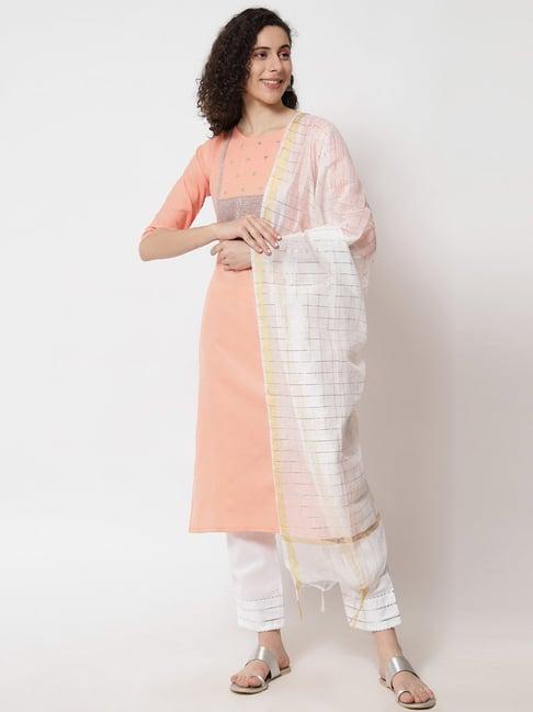 vredevogel peach & white embellished kurta pant set with dupatta