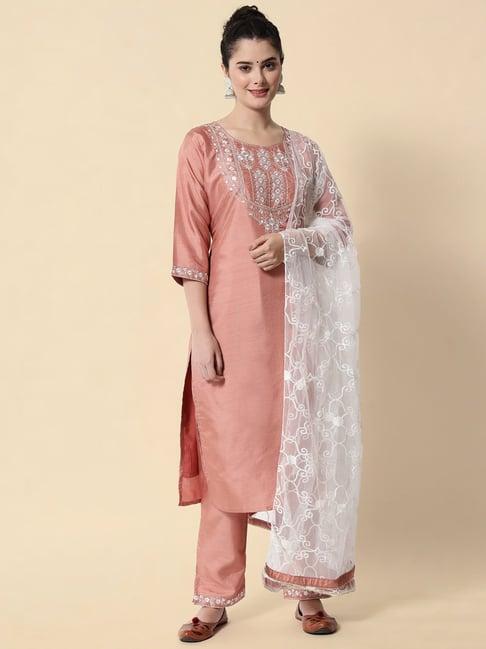 vredevogel peach embroidered kurta pant set with dupatta