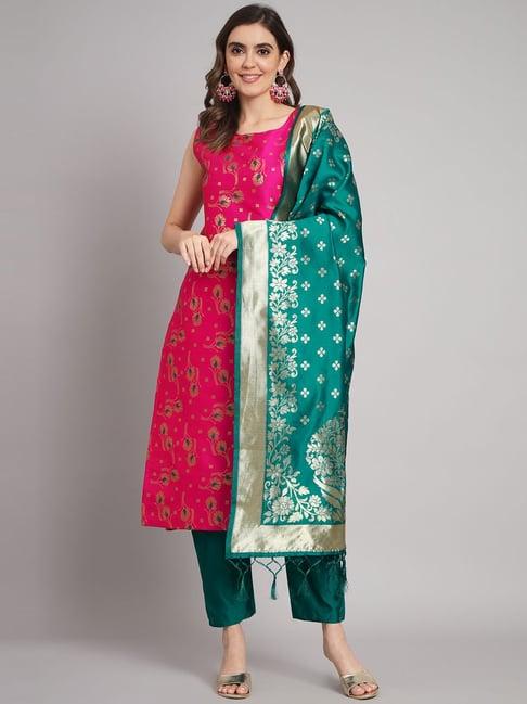 vredevogel pink & green woven pattern kurta pant set with dupatta