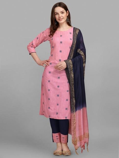 vredevogel pink & navy cotton woven pattern kurta pant set with dupatta