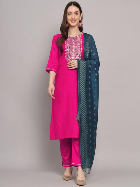 vredevogel pink embroidered kurta pant set with dupatta