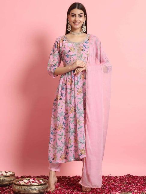 vredevogel pink floral print kurta pant set with dupatta