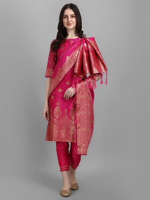 vredevogel pink woven pattern kurta pant set with dupatta