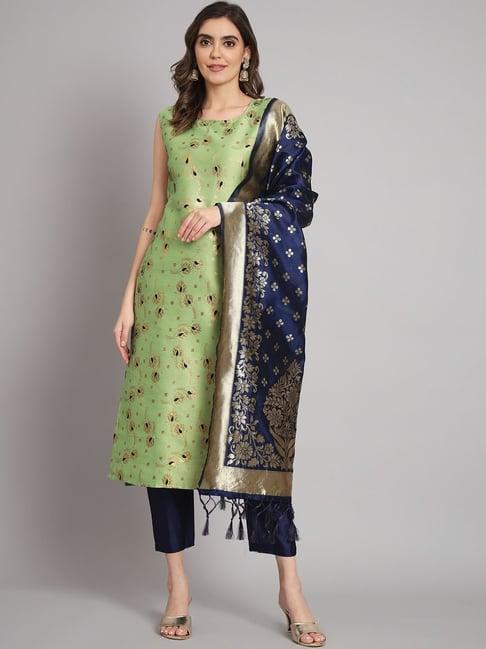 vredevogel pista green & navy woven pattern kurta pant set with dupatta