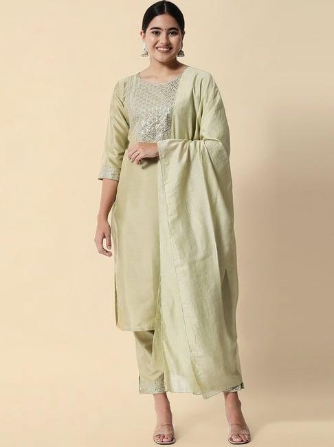 vredevogel pista green embellished kurta pant set with dupatta