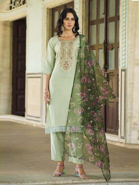 vredevogel pista green embroidered kurta & pant set with dupatta