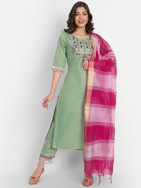 vredevogel pista green embroidered kurta pant set with dupatta