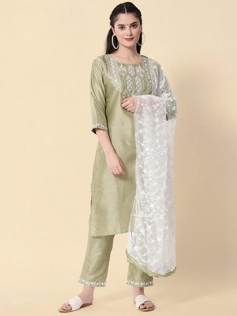 vredevogel pista green embroidered kurta pant set with dupatta