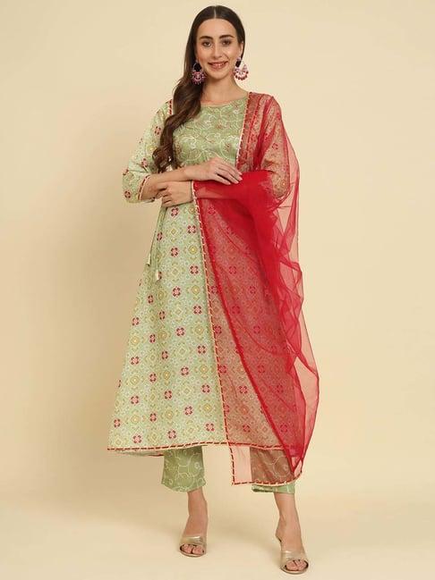 vredevogel pista green embroidered kurta pant set with dupatta