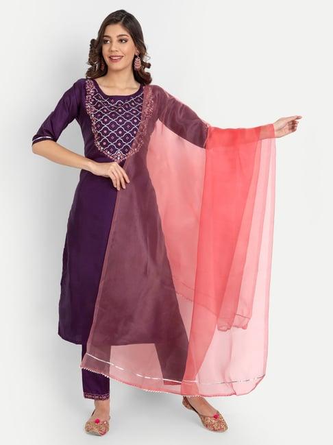 vredevogel purple embroidered kurta pant set with dupatta