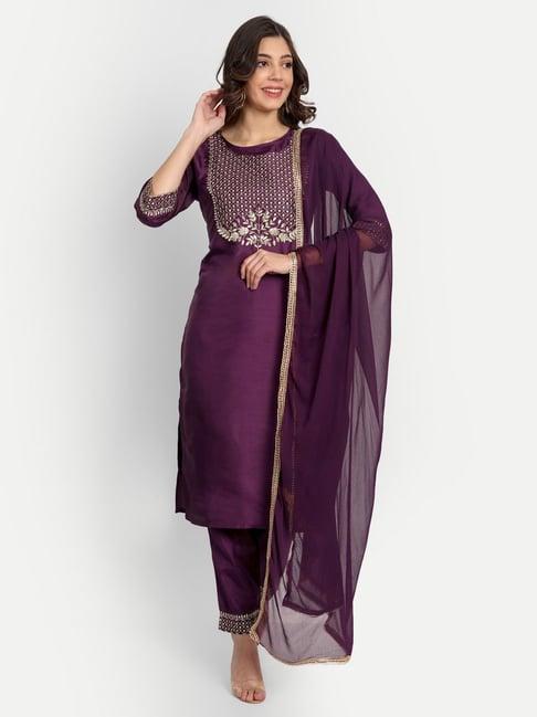 vredevogel purple embroidered kurta pant set with dupatta