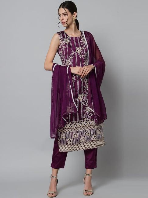 vredevogel purple embroidered kurta pant set with dupatta